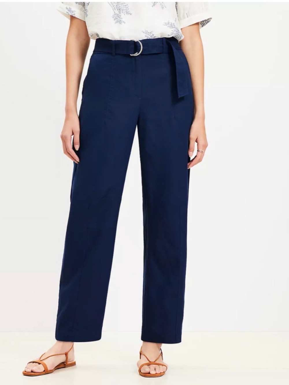 NWT Loft Belted Barrel Pants Twill Lightweight Navy Blue Linen Blend Women’s 10